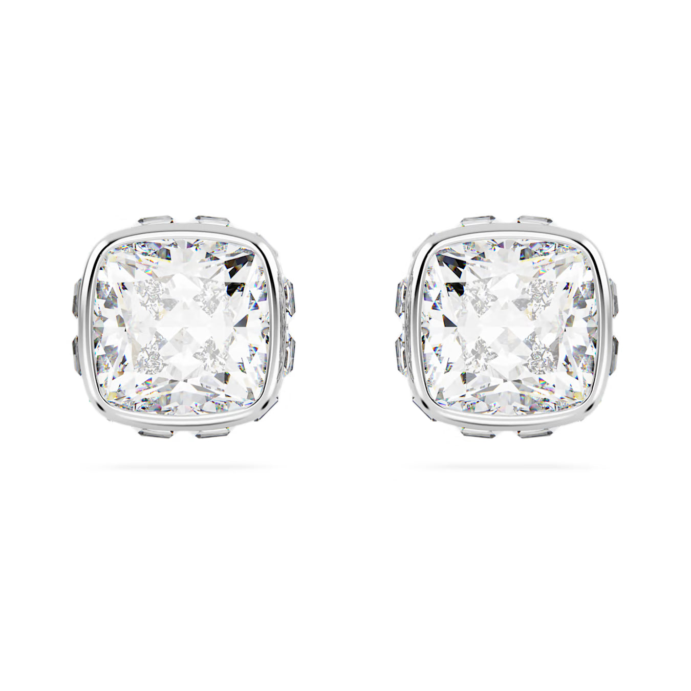 Birthstone stud earrings - Square cut, April, White, Rhodium plated