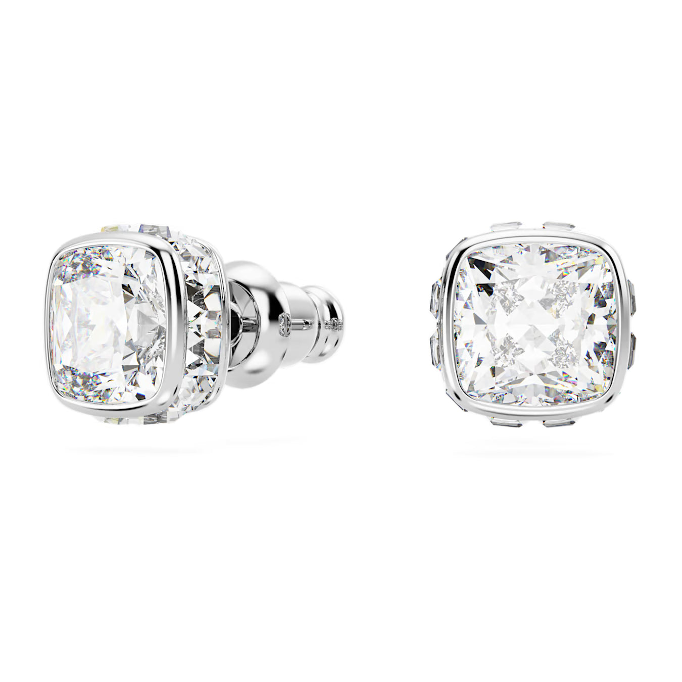 Birthstone stud earrings - Square cut, April, White, Rhodium plated