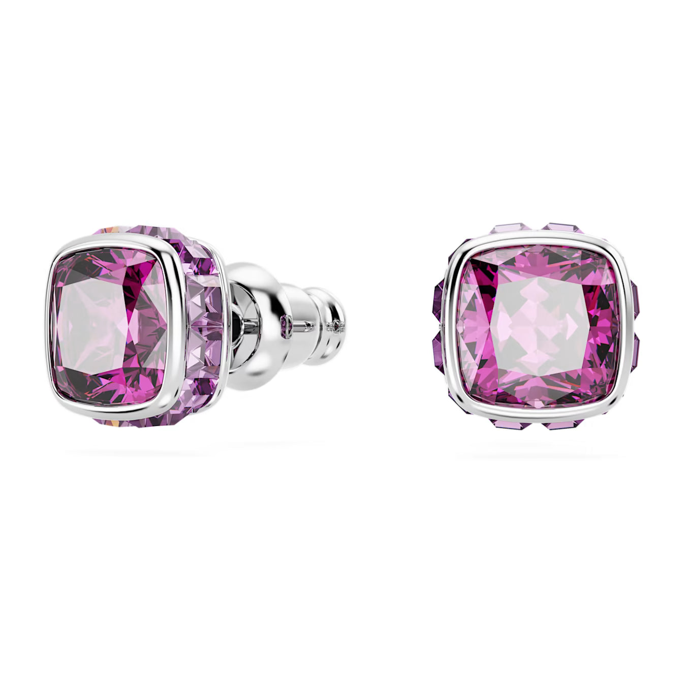 Birthstone stud earrings - February, Purple, Square cut, Rhodium plated