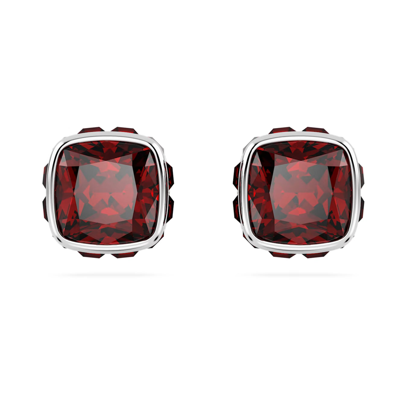 Birthstone stud earrings - January, Red, Square cut, Rhodium plated