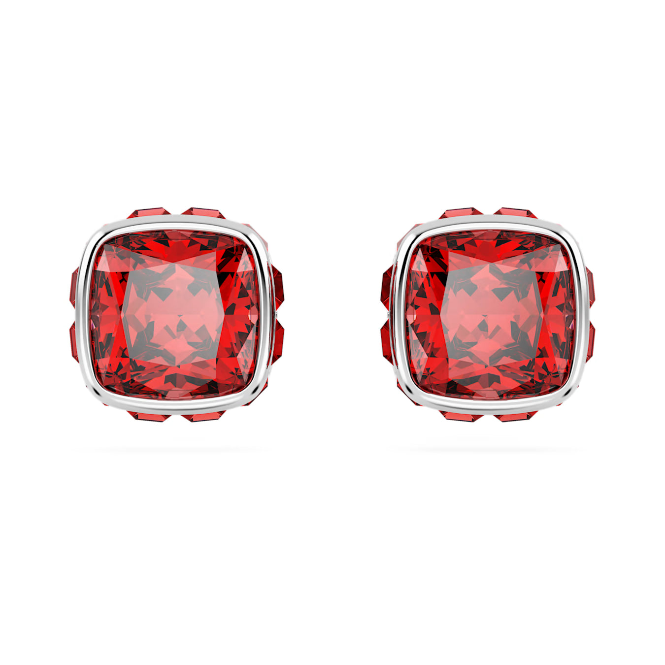 Birthstone stud earrings - July, Red, Square cut, Rhodium plated