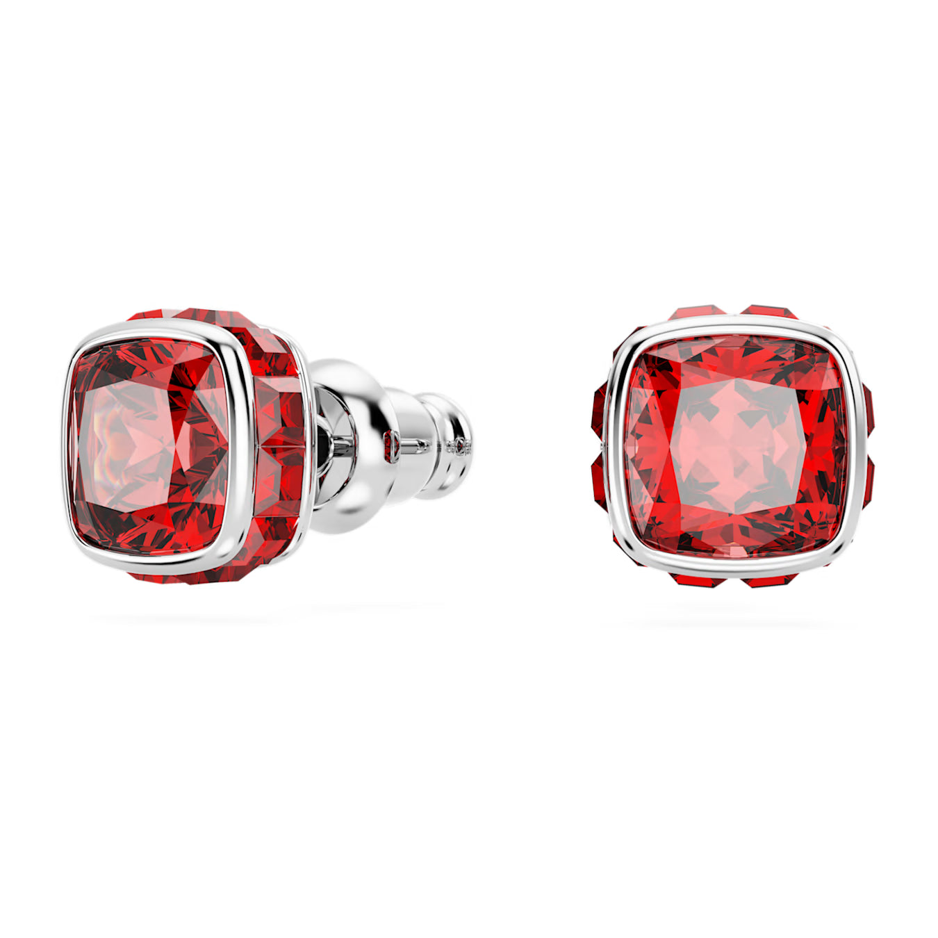 Birthstone stud earrings - July, Red, Square cut, Rhodium plated