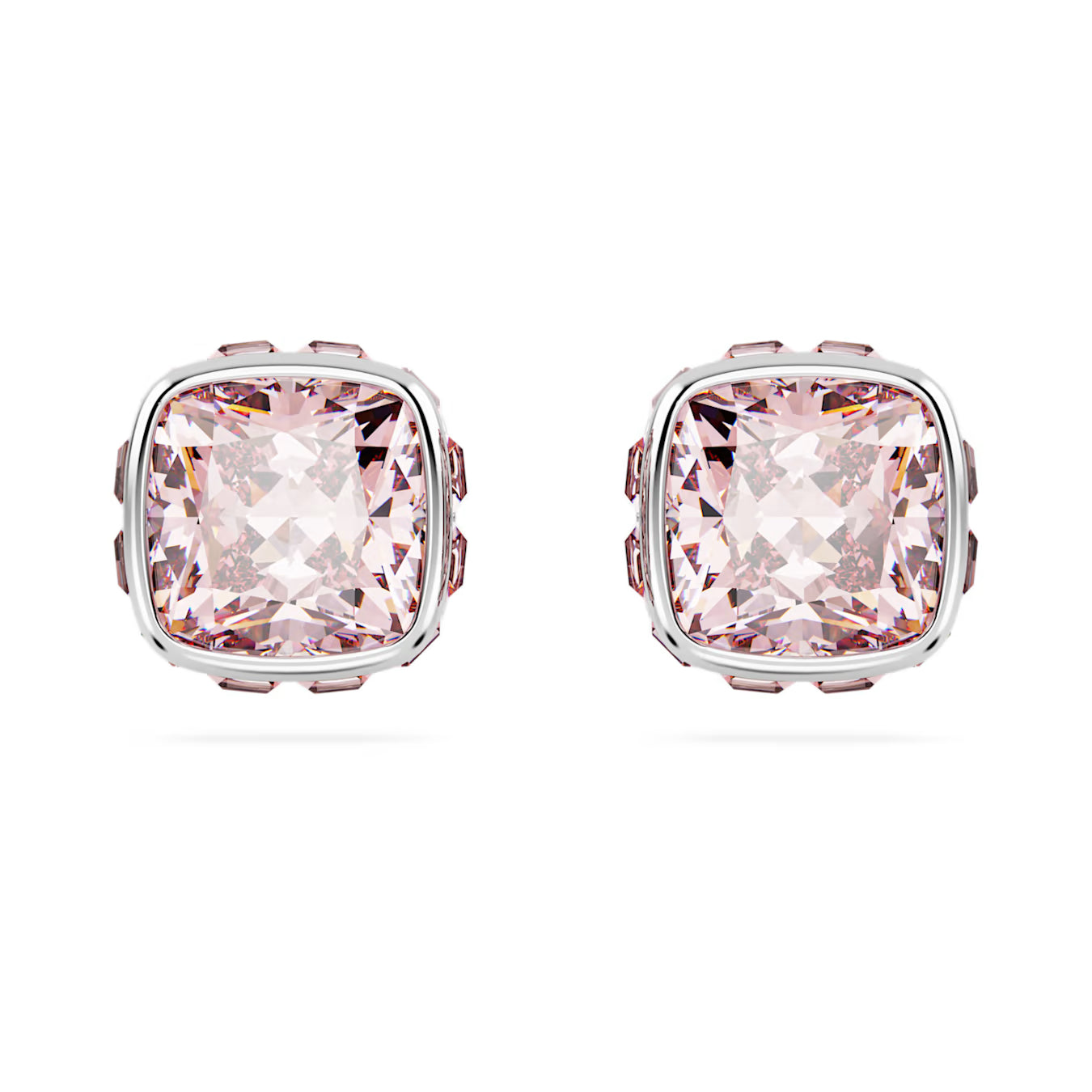 Birthstone stud earrings - June, Pink, Square cut, Rhodium plated