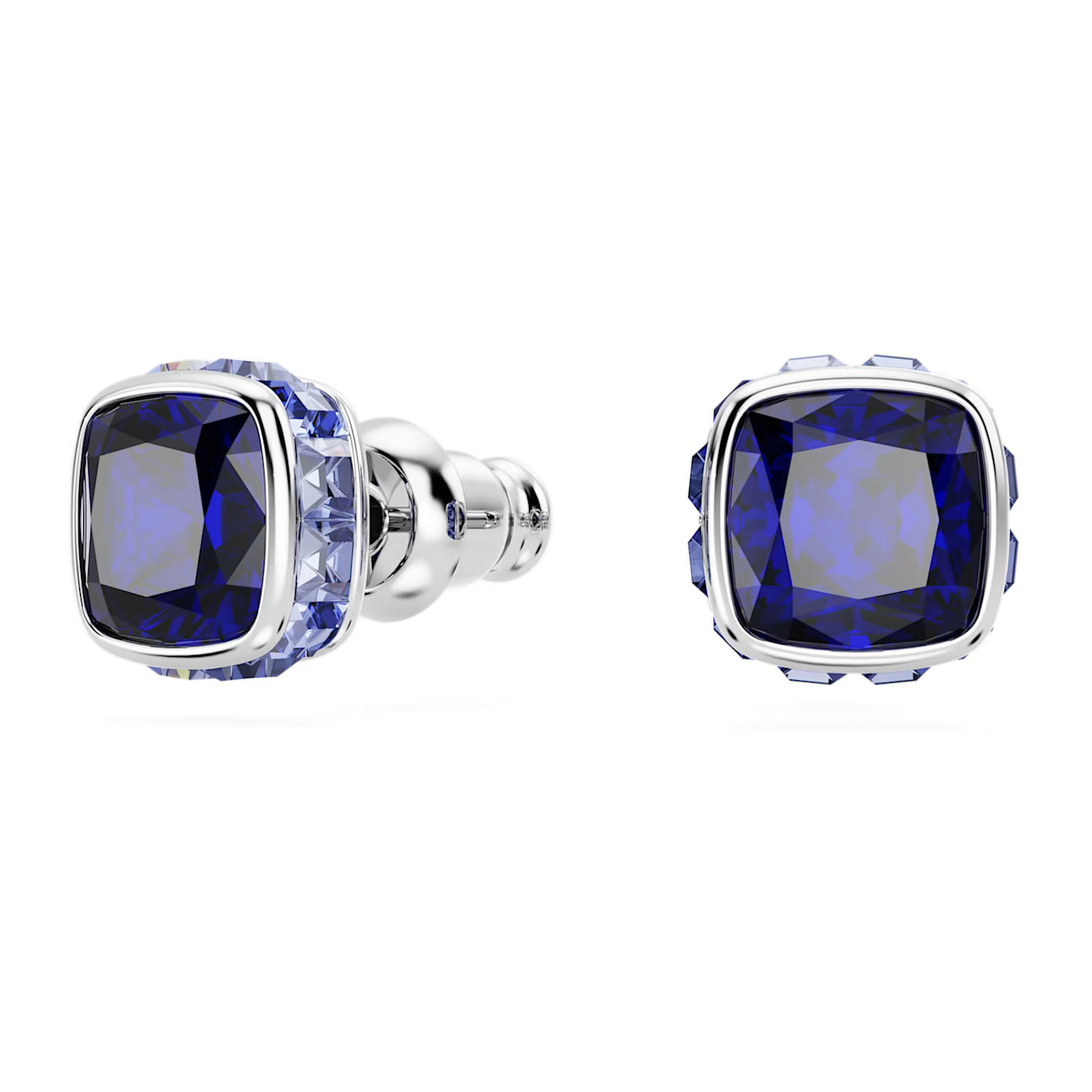Birthstone stud earrings - September, Blue, Square cut, Rhodium plated