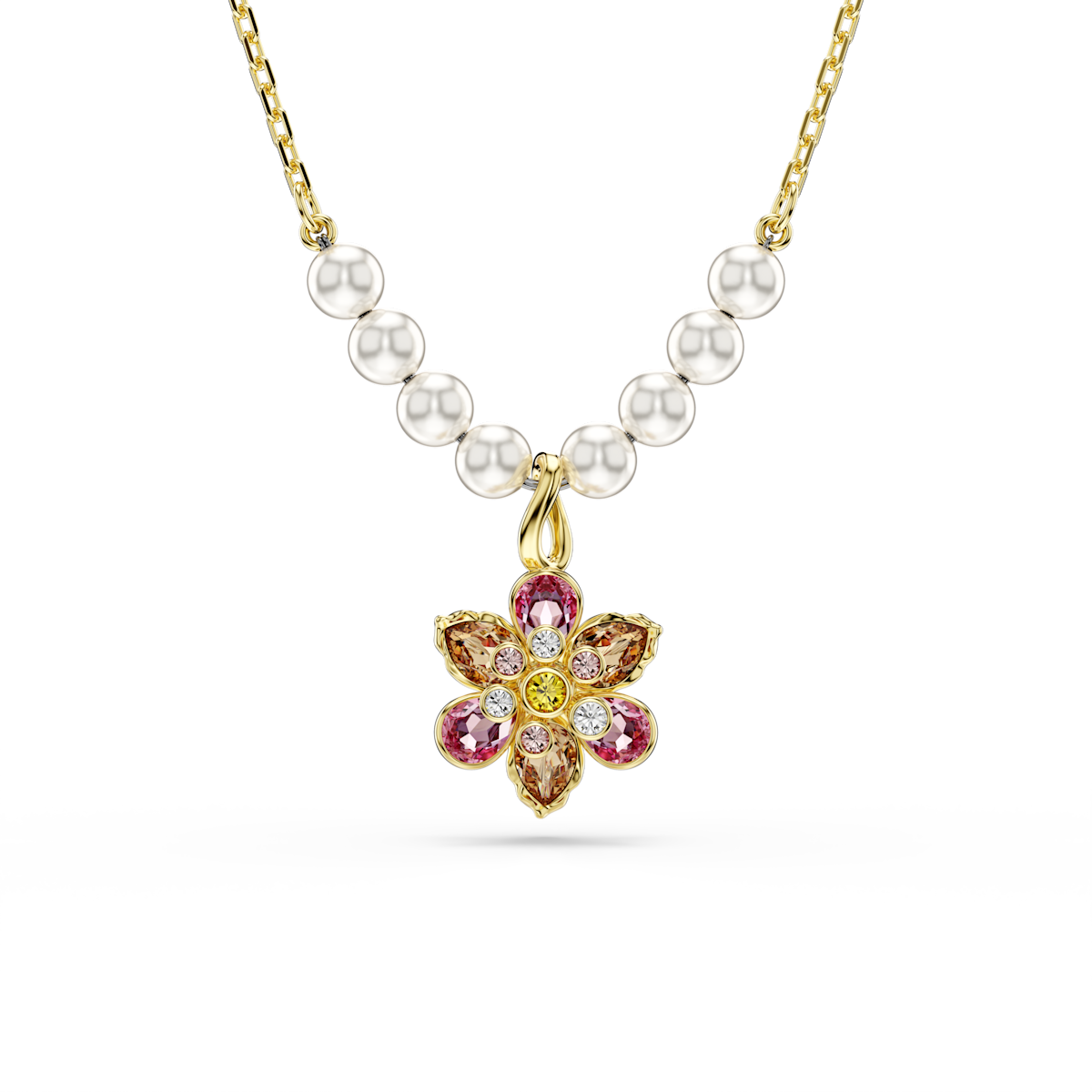 Idyllia pendant - Crystal pearl, Mixed cuts, Flower, Multicolored, Gold-tone plated