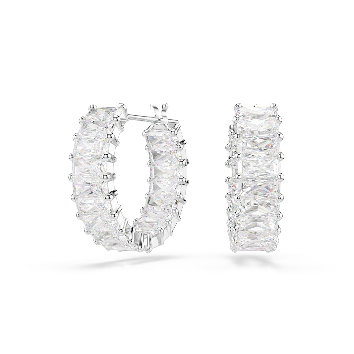Matrix hoop earrings -  Baguette cut, White, Rhodium plated