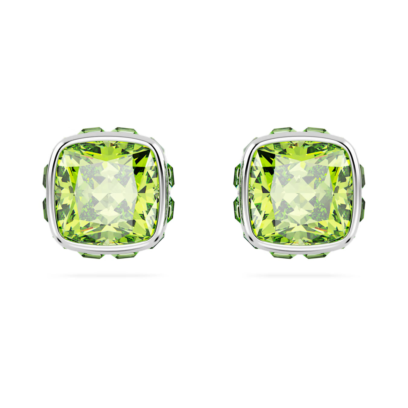 Birthstone stud earrings - August, Green, Square cut, Rhodium plated