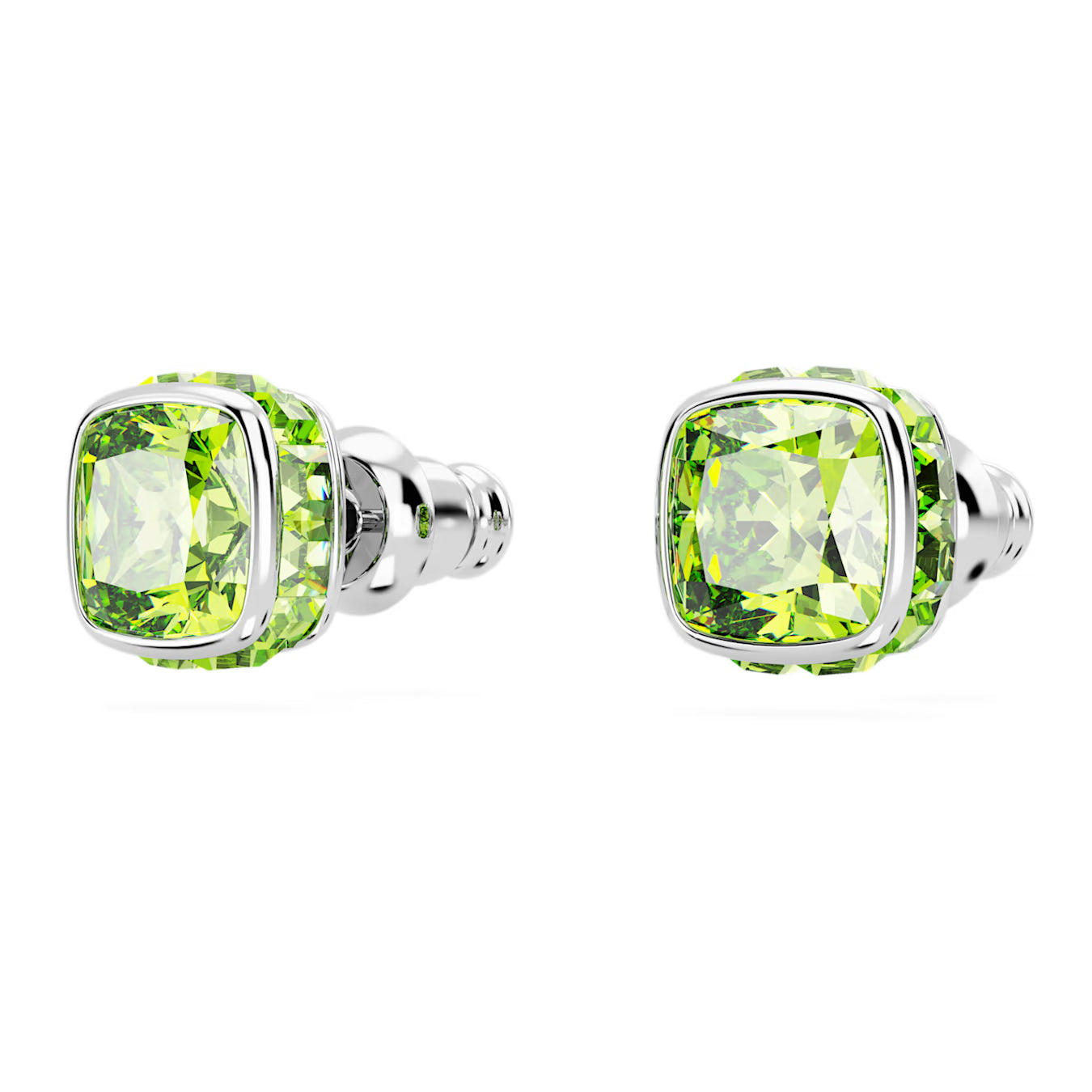Birthstone stud earrings - August, Green, Square cut, Rhodium plated