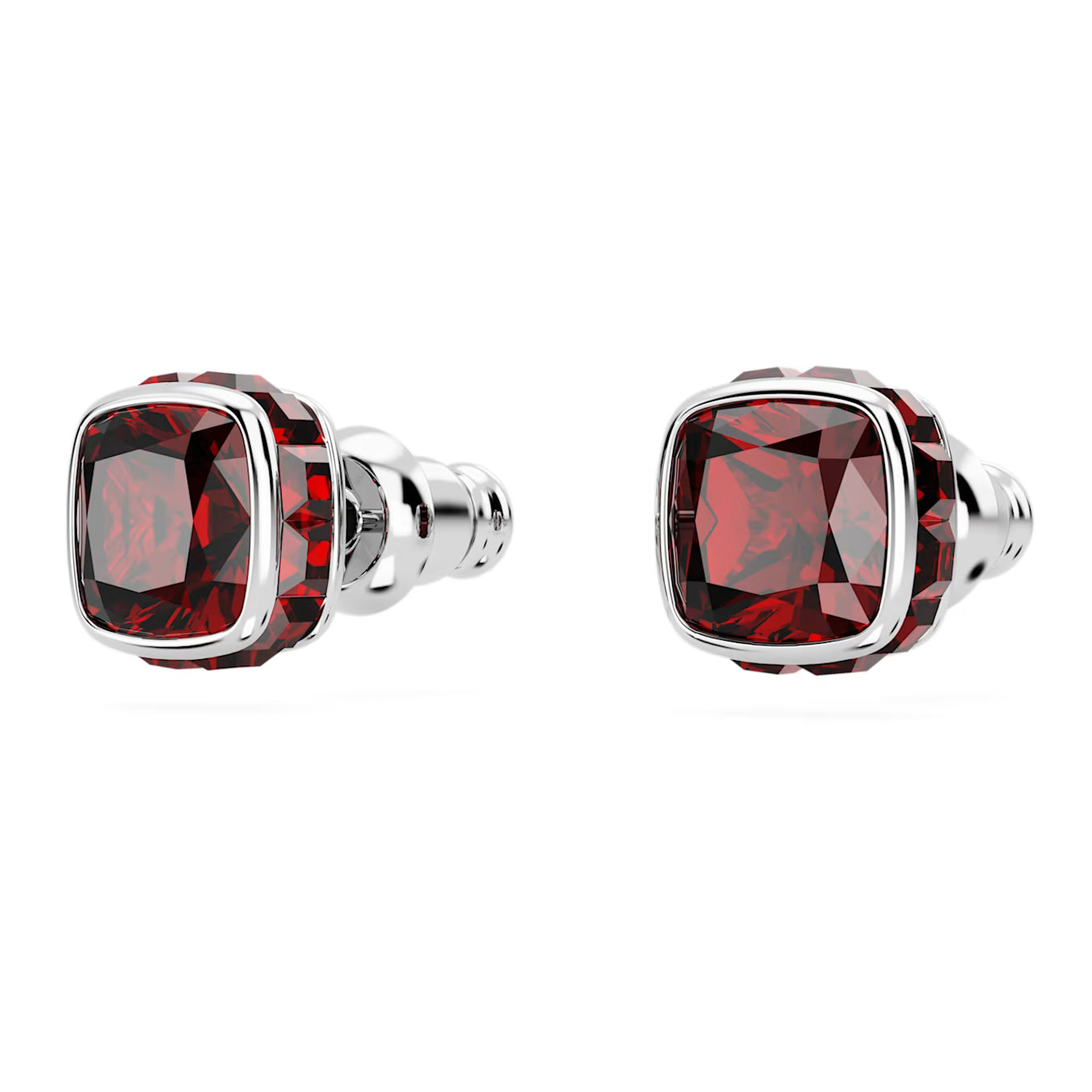 Birthstone stud earrings -  January, Red, Square cut, Rhodium plated