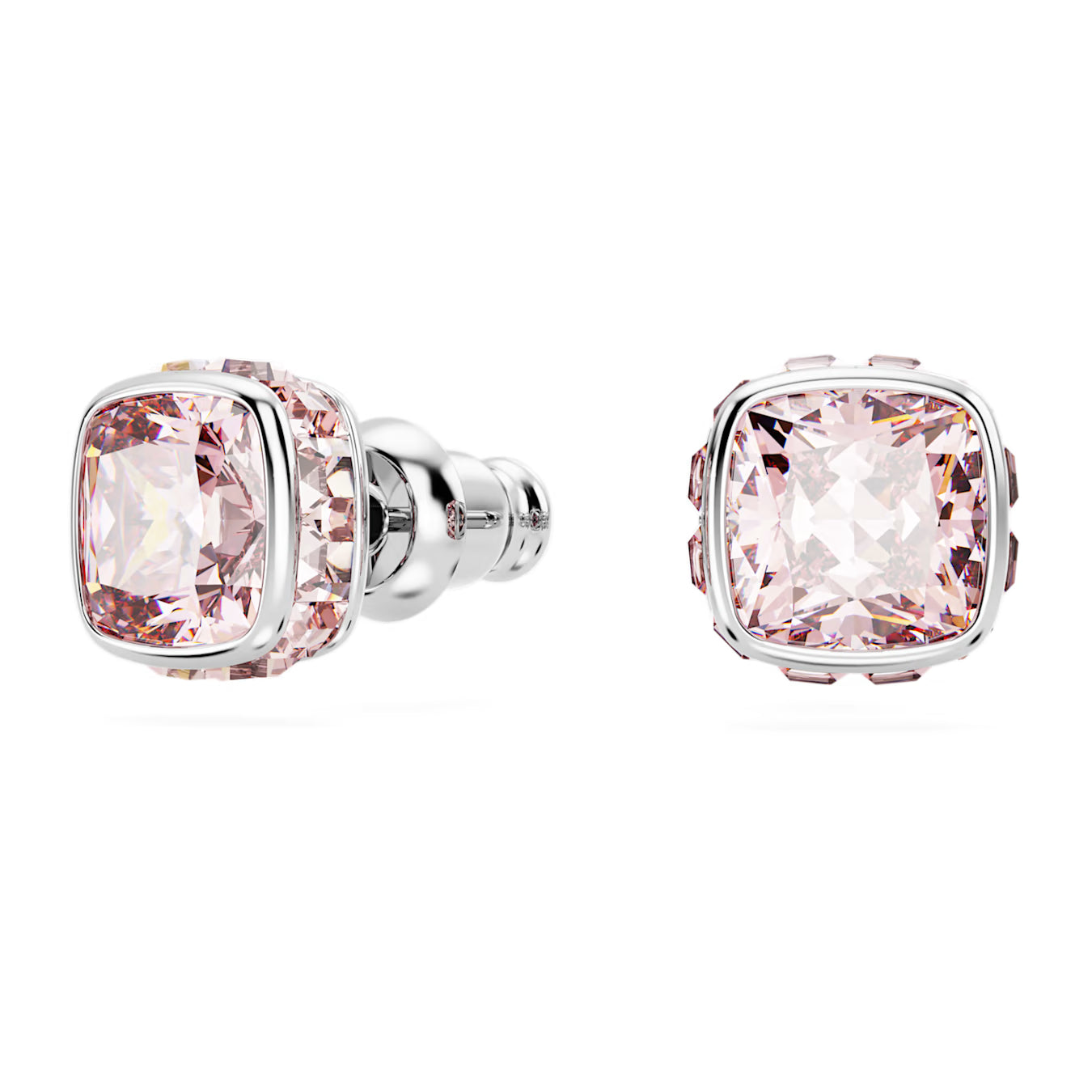 Birthstone stud earrings - June, Pink, Square cut,  Rhodium plated