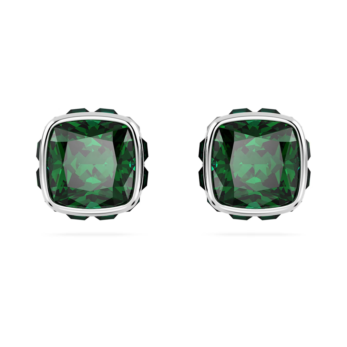 Birthstone stud earrings - May, Green, Square cut, Rhodium plated