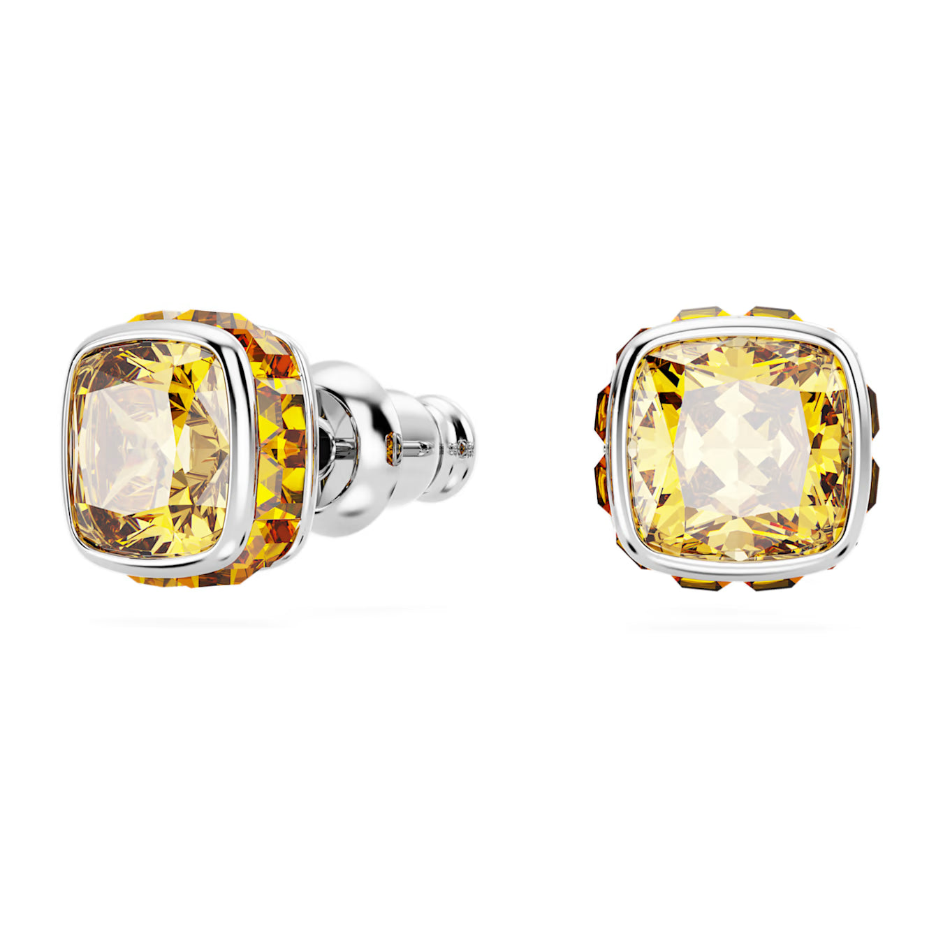Birthstone stud earrings - November, Yellow, Square cut,  Rhodium plated