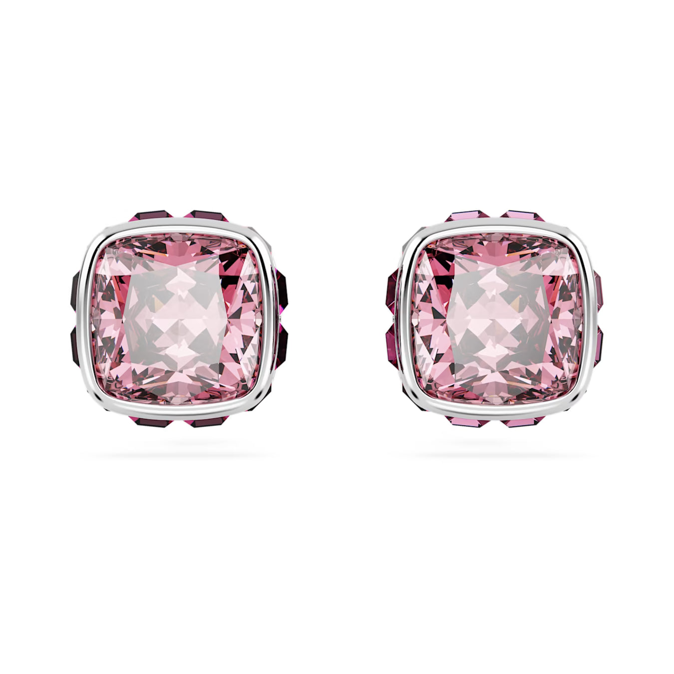 Birthstone stud earrings -  October, Pink, Square cut, Rhodium plated