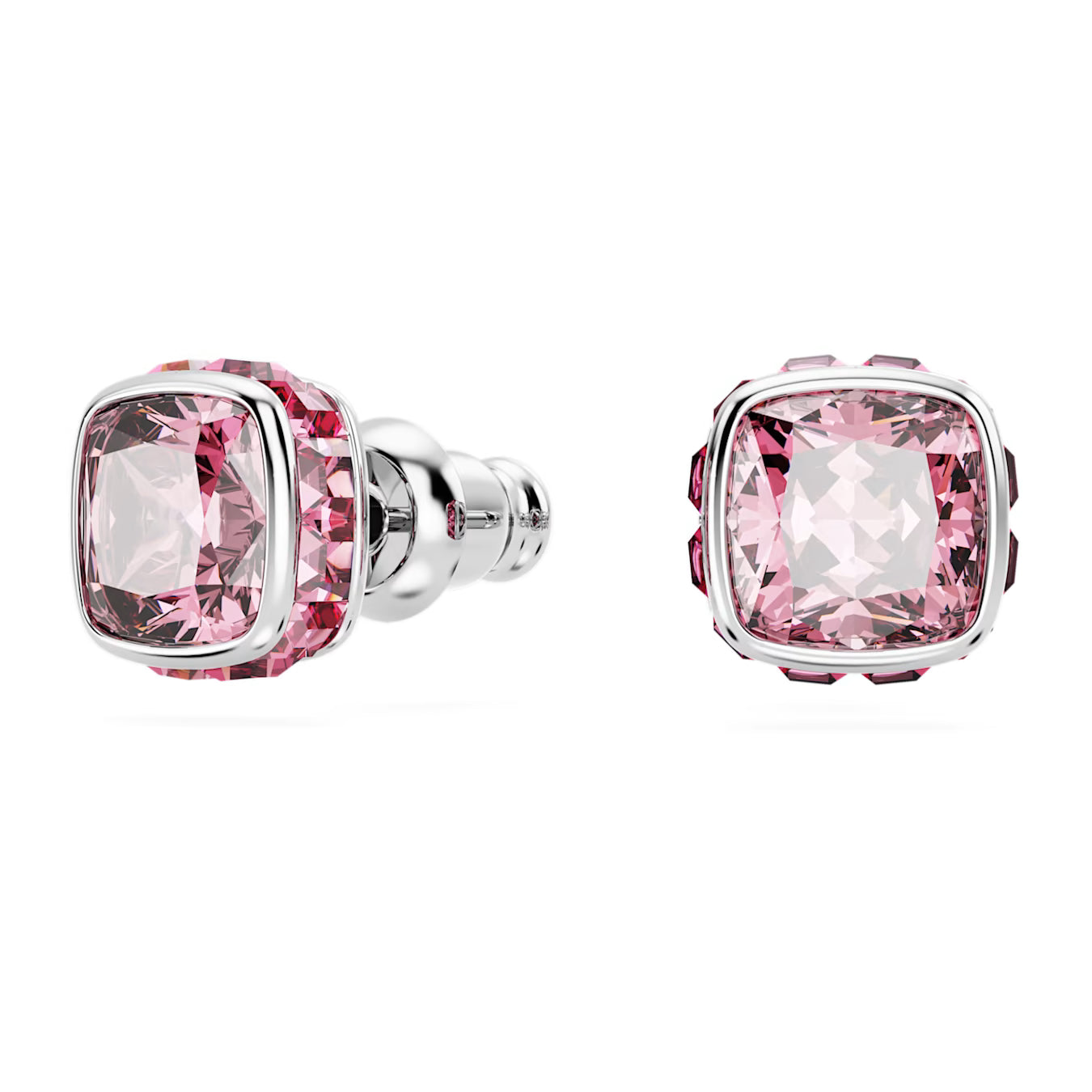 Birthstone stud earrings -  October, Pink, Square cut, Rhodium plated