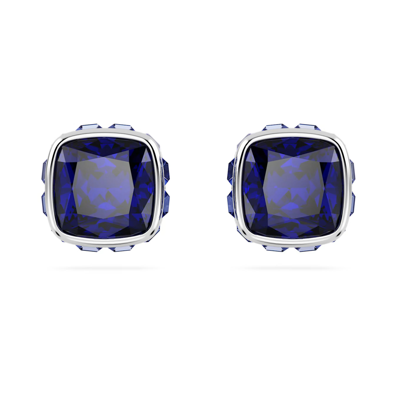 Birthstone stud earrings -  September, Blue, Square cut, Rhodium plated
