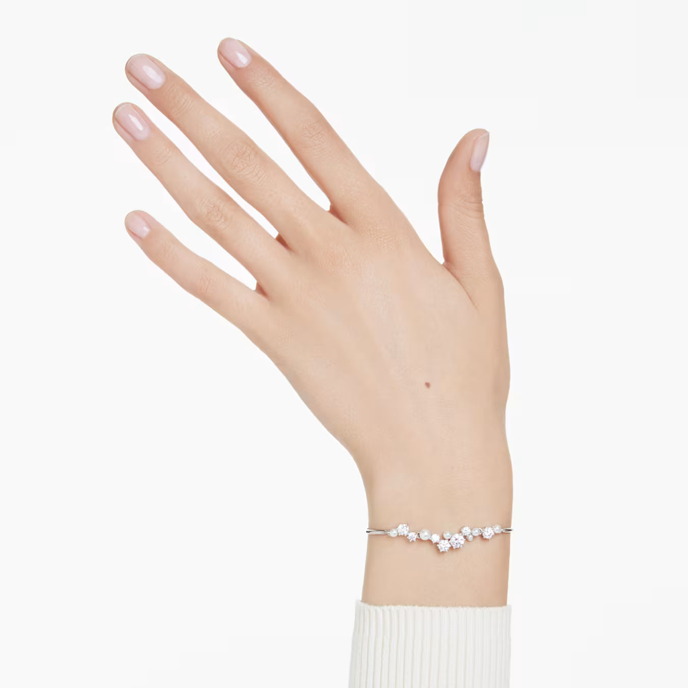 Constella bangle - Crystal pearl, Round cuts, White, Rhodium plated