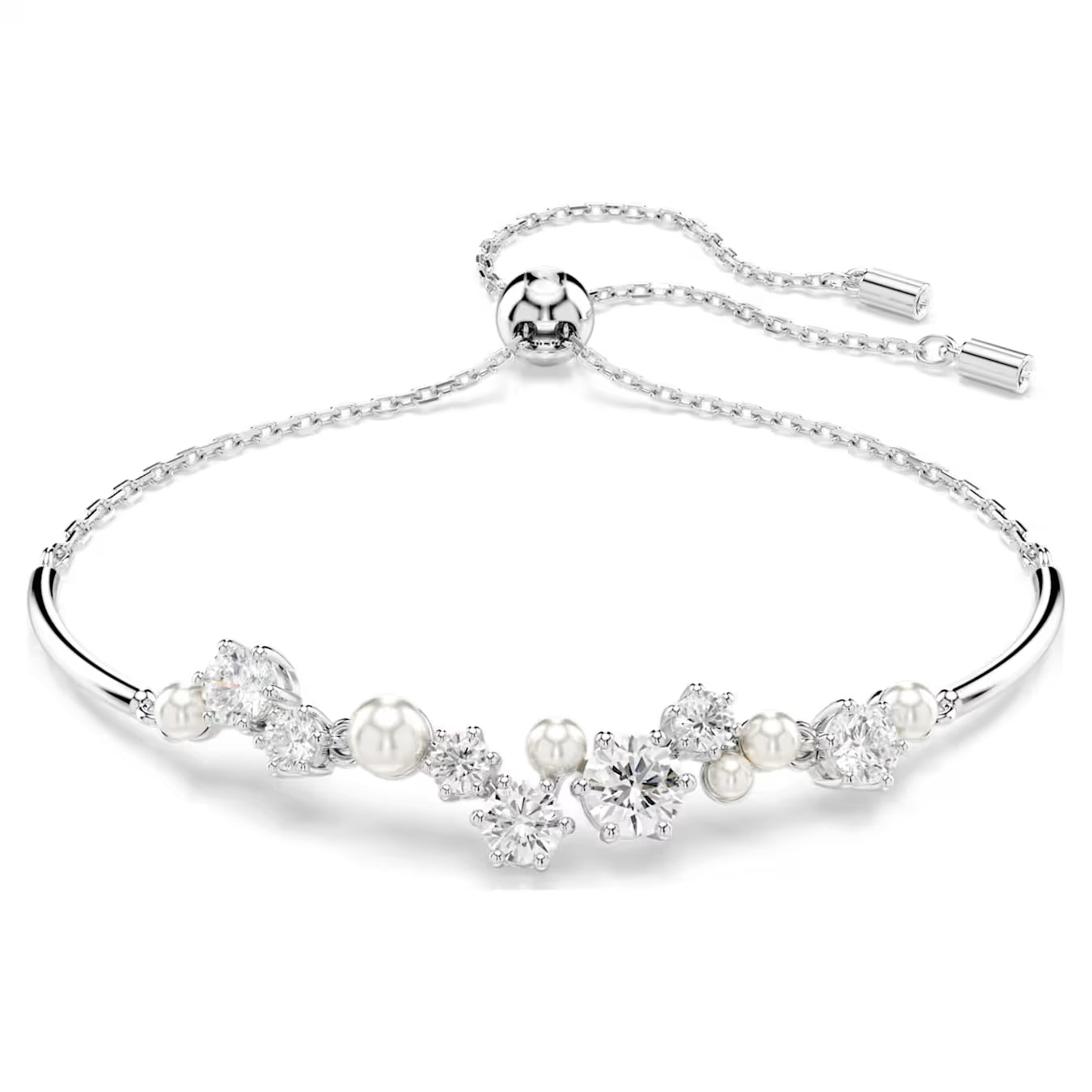 Constella bangle - Crystal pearl, Round cuts, White, Rhodium plated