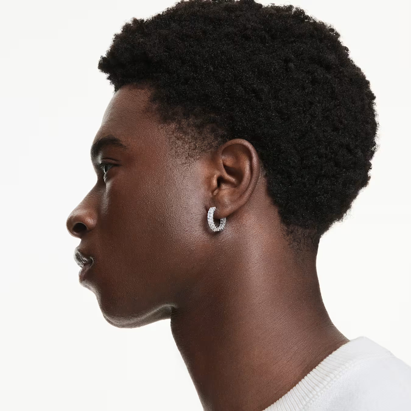 Matrix hoop earrings -  Baguette cut, White, Rhodium plated